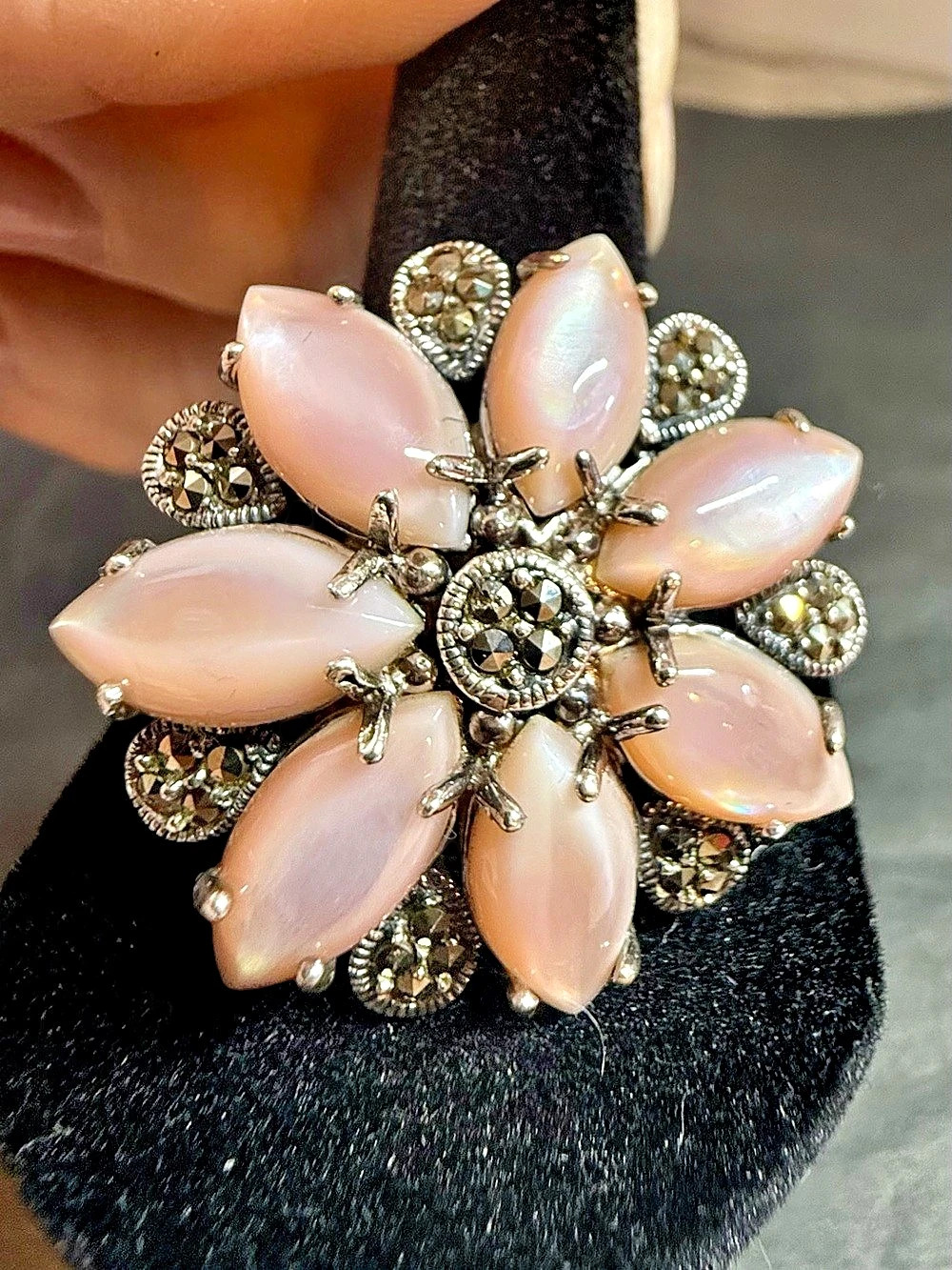 Marcasite Sterling Silver Pink Floral Statement Ring Like New